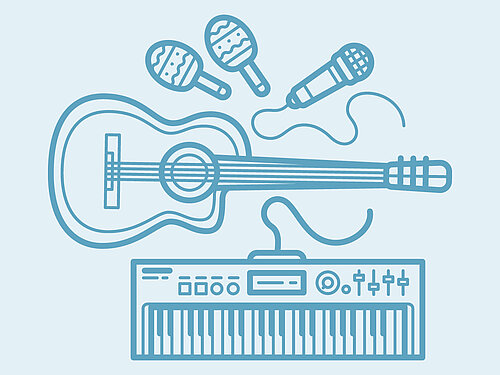Icon of guitar, keyboard, maracas, and microphone, representing live music at Urban House Copenhagen by MEININGER.