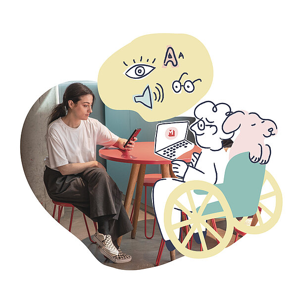 Kobieta korzysta z telefonu z ilustracją cyfrowej dostępności w hotelach MEININGER