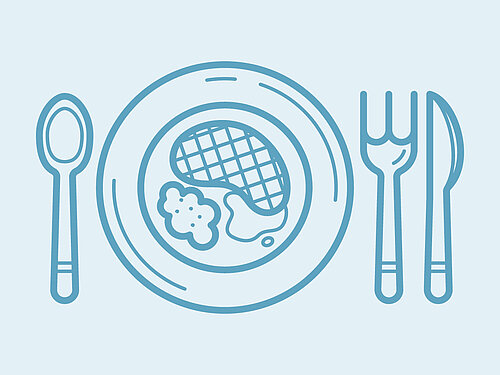 Icon of a plate with cutlery, representing dining options at Urban House Copenhagen by MEININGER.