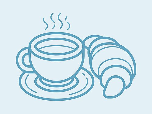 Icon of a coffee cup and croissant, representing breakfast at Urban House Copenhagen by MEININGER.