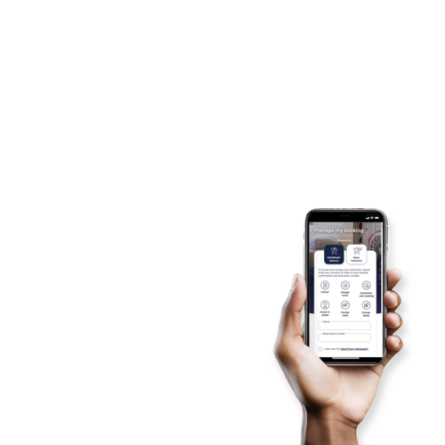En hånd holder en telefon, der viser 'Manage My Booking' hos MEININGER Hotels