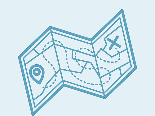 llustration of a map with markers, symbolizing travel and exploration at Urban House Copenhagen by MEININGER.