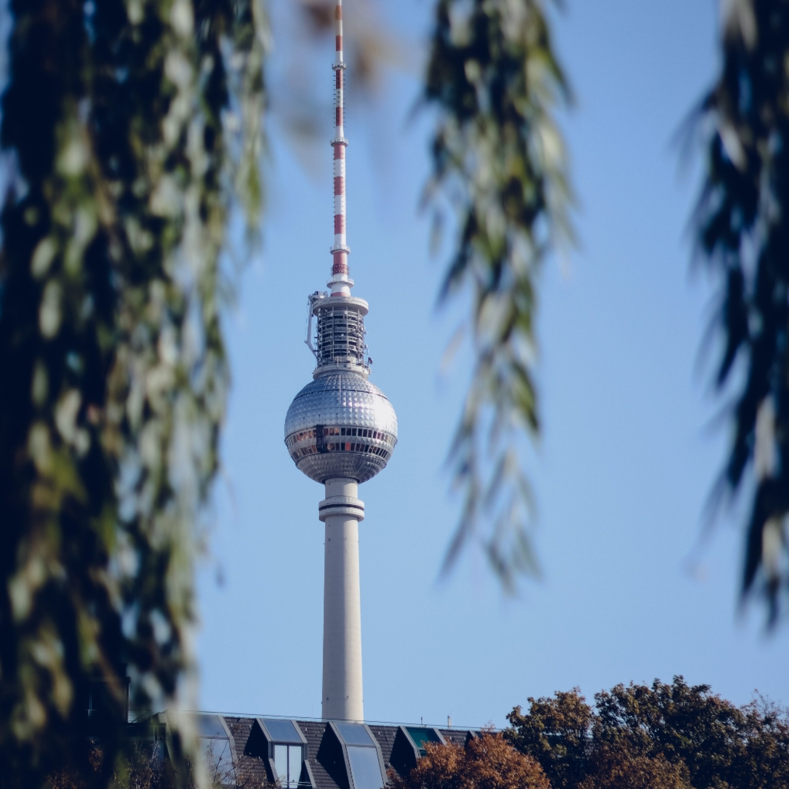 Close-up of the Berlin TV Tower (Fernsehturm) surrounded by greenery, a landmark near MEININGER Hotels in Berlin.